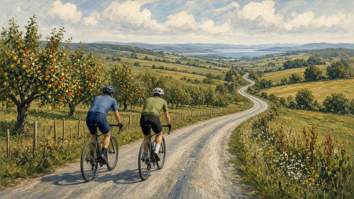 To cyklister på en snoet landevej gennem et bakket fynsk landskab med frugtplantager, marker og havet i det fjerne
